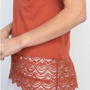🍊 Great Quality Soft 3/4 Sleeve 100% Cotton Crocheted Rust Color Tee. Sz S, M, L
